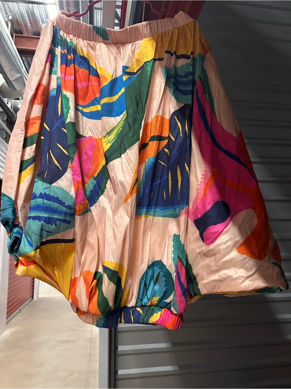 Source Unknown Peach Bubble dress with Multicolor Tropical Print